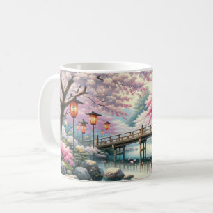Japanese Scenery with Bridge, Koi and Sakura trees Coffee Mug