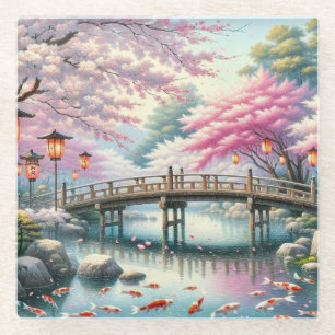 Japanese Scenery with Bridge, Koi and Sakura trees Glass Coaster