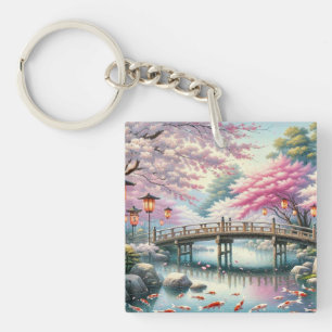 Japanese Scenery with Bridge, Koi and Sakura trees Key Ring