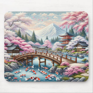 Japanese Scenery with Bridge, Koi and Sakura trees Mouse Pad