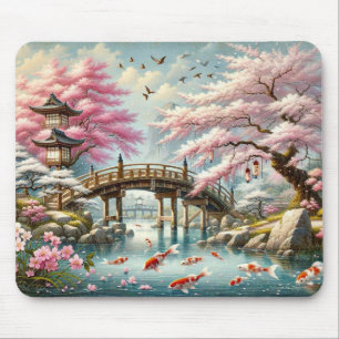 Japanese Scenery with Bridge, Koi and Sakura trees Mouse Pad