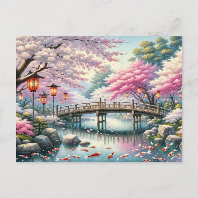 Japanese Scenery with Bridge, Koi and Sakura trees Postcard (Front)