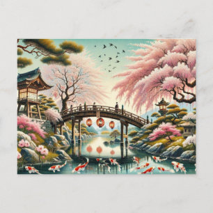 Japanese Scenery with Bridge, Koi and Sakura trees Postcard