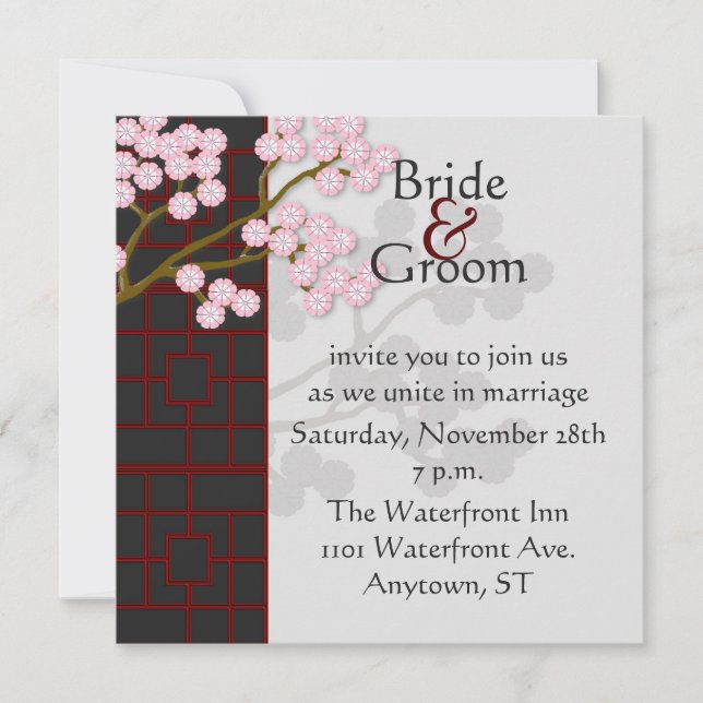 Japanese Screen & Pink Blossoms Wedding Invitation (Front)