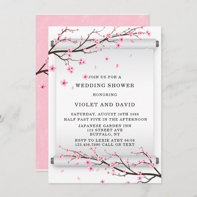 Japanese Scroll Cherry Blossom Tree Wedding Shower Invitation (Front/Back)