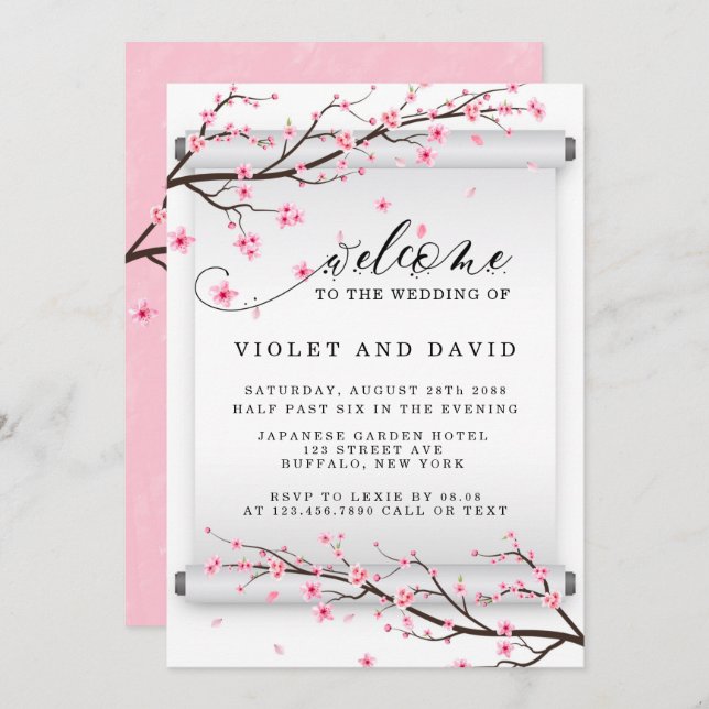 Japanese Scroll Cherry Blossom Wedding Invitation (Front/Back)