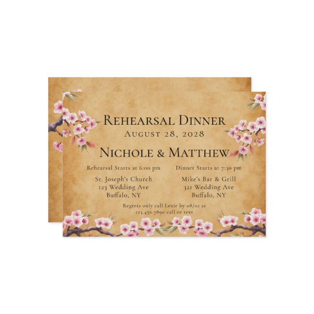 Japanese Scroll Cherry Blossoms Rehearsal Dinner Invitation (Front/Back In Situ)