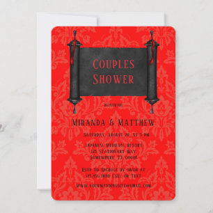 Japanese Scroll Red Black Damask Couples Shower Invitation