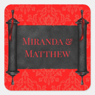 Japanese Scroll Red Black Damask Wedding Square Sticker