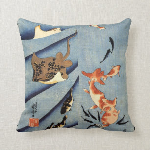 Japanese Sea Life, Ancient Japanese art. c. 1800's Cushion