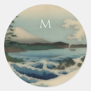 Japanese  sea view  -monogrammed classic round sticker