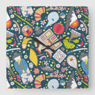 Japanese Seamless Pattern Square Wall Clock