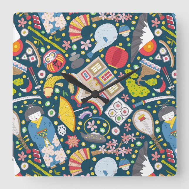 Japanese Seamless Pattern Square Wall Clock (Front)