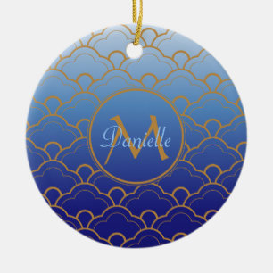 Japanese Seigaiha Scallop Gradated Royal Blue Gold Ceramic Ornament