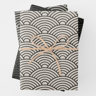 Japanese Seigaiha Wave   Black and Cream White Wrapping Paper Sheet