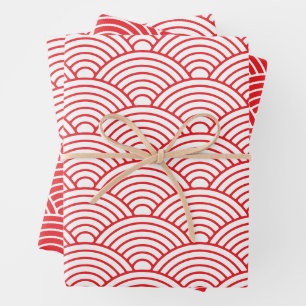 Japanese Seigaiha Wave   Red and White Wrapping Paper Sheet