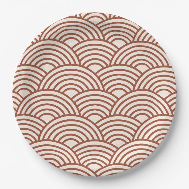 Japanese Seigaiha Wave Rust Terracotta Paper Plate (Front)