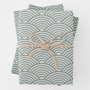 Japanese Seigaiha Wave   Sage green and Gray Wrapping Paper Sheet