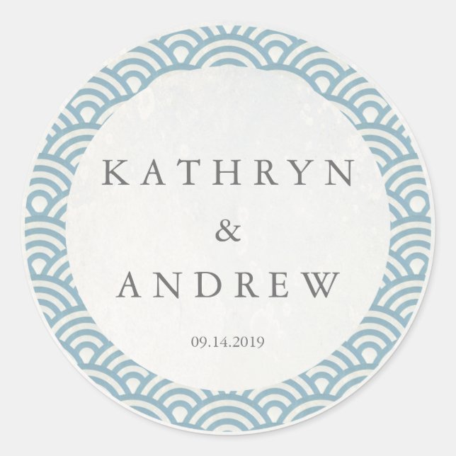 Japanese Seigaiha Waves Custom Names+Date Wedding Classic Round Sticker (Front)