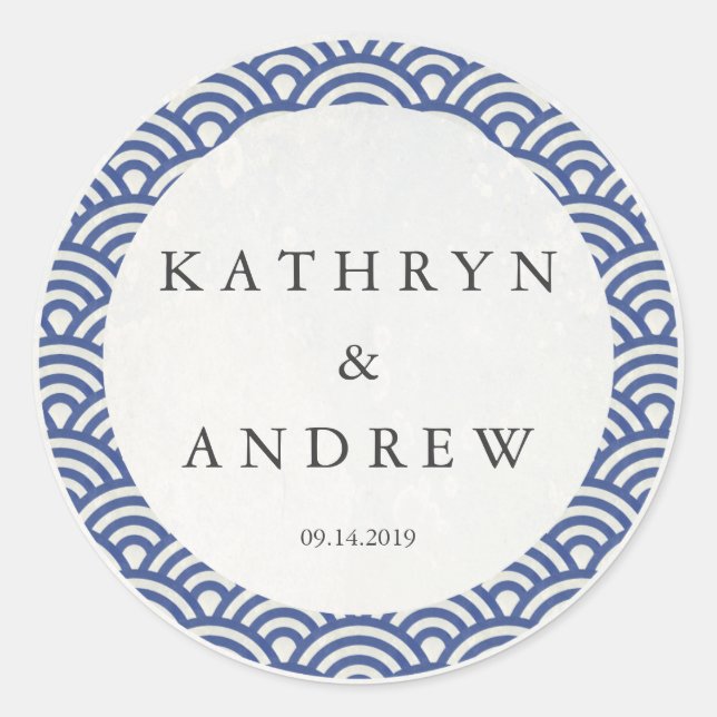 Japanese Seigaiha Waves Custom Names+Date Wedding Classic Round Sticker (Front)