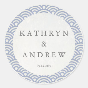 Japanese Seigaiha Waves Custom Names+Date Wedding Classic Round Sticker