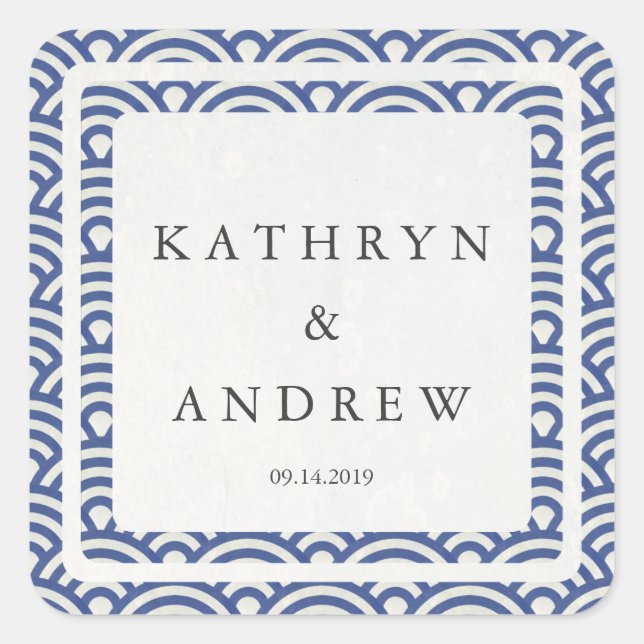 Japanese Seigaiha Waves Custom Names+Date Wedding Square Sticker (Front)