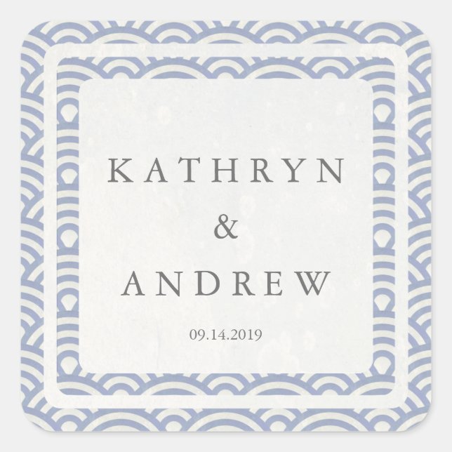 Japanese Seigaiha Waves Custom Names+Date Wedding Square Sticker (Front)