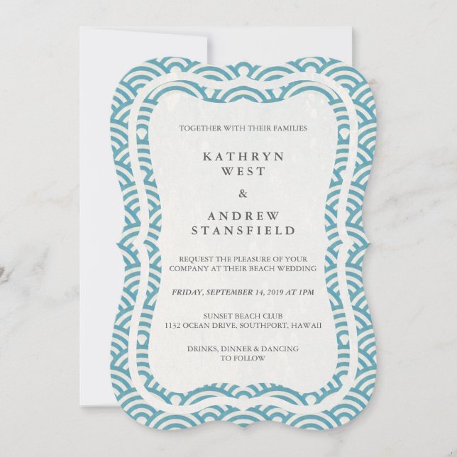 Japanese Seigaiha Waves Elegant Beach Wedding Invitation (Front)