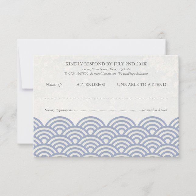 Japanese Seigaiha Waves Elegant Beach Wedding RSVP Card (Front)
