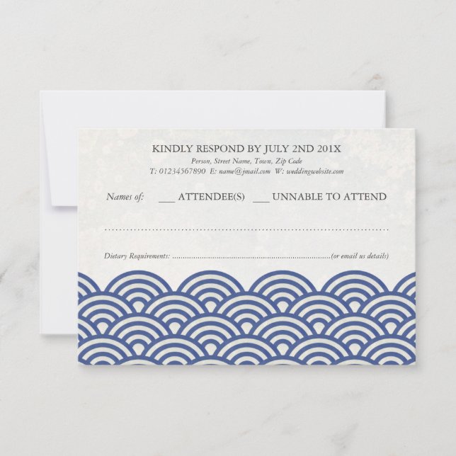 Japanese Seigaiha Waves Elegant Beach Wedding RSVP Card (Front)