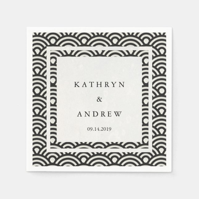 Japanese Seigaiha Waves Elegant Black + White Napkin (Front)