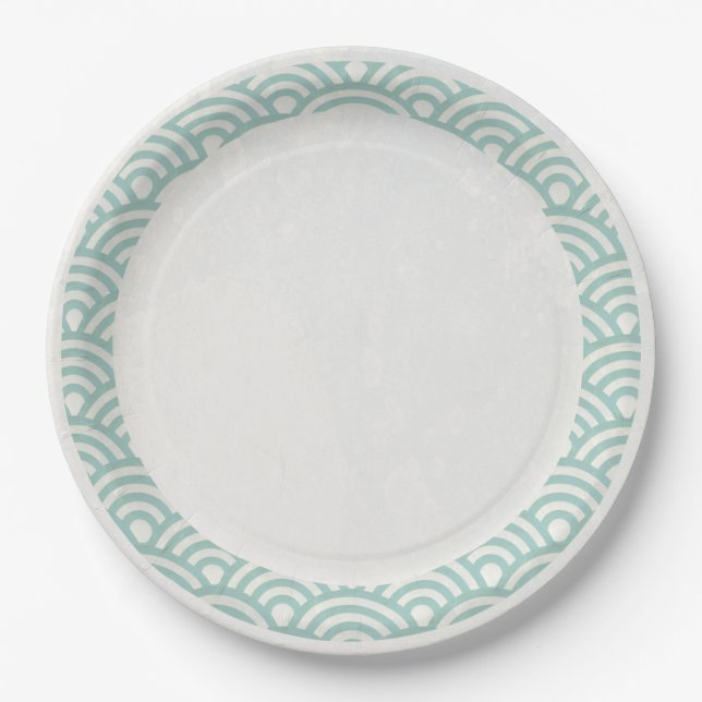 Japanese Seigaiha Waves Elegant Jade Green + White Paper Plate (Front)