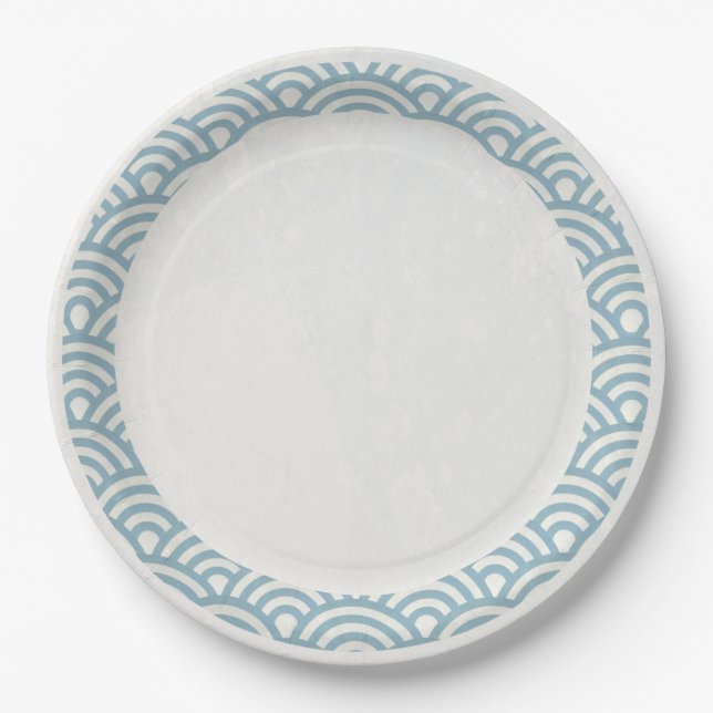 Japanese Seigaiha Waves Elegant Light Blue + White Paper Plate (Front)