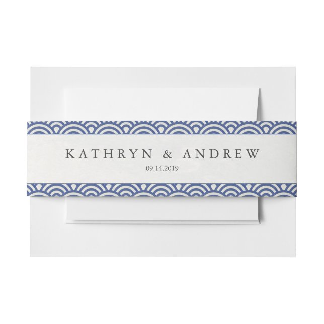 Japanese Seigaiha Waves Modern Blue+White Wedding Invitation Belly Band (Front Example)