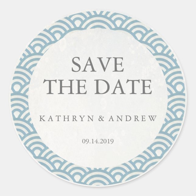 Japanese Seigaiha Wedding Save the Date or Custom Classic Round Sticker (Front)