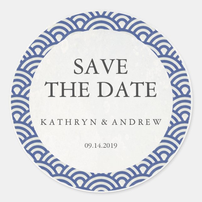 Japanese Seigaiha Wedding Save the Date or Custom Classic Round Sticker (Front)