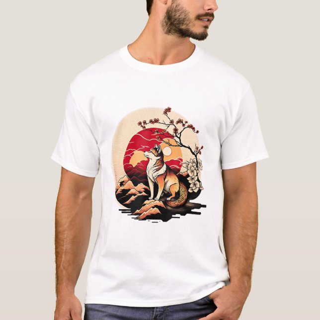 Japanese Shiba Inu Dog Sunset Ukiyo e Style T-Shirt (Front)