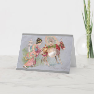 Japanese Shogatsu New Year Baby on Mule Holiday Card
