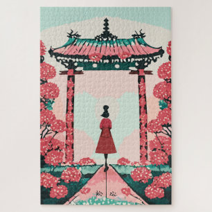 Japanese Shrine with Red and Pink Blossoms Jigsaw Puzzle
