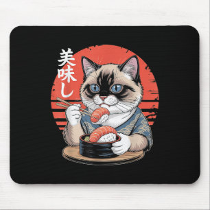 Japanese Siamese Cat Eating Sushi Kawaii Anime Cat Mouse Pad