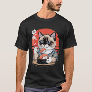 Japanese Siamese Cat Eating Sushi Kawaii Anime Cat T-Shirt