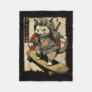 Japanese Skateboard Samurai Cat Tattoo Kawaii Ninj Fleece Blanket