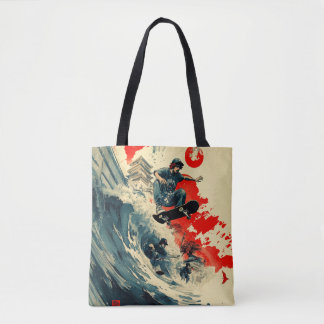 Japanese Skateboard Tsunami Tote Bag