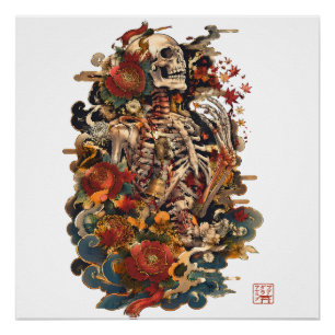 Japanese Skeleton Art   Gothic Floral Skull Poster