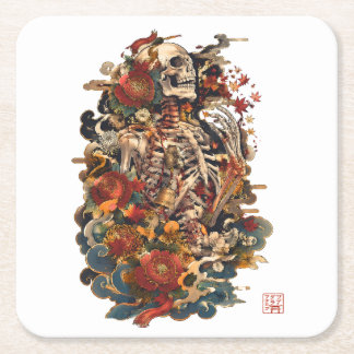 Japanese Skeleton Art | Gothic Floral Skull Square Paper Coaster