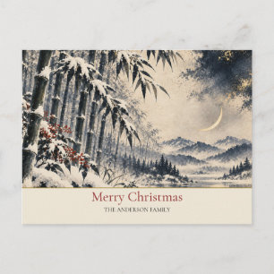Japanese Snow Bamboo Crescent Moon Family Name Holiday Postcard