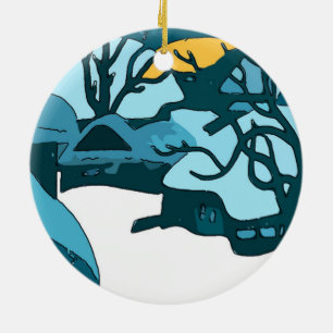 Japanese Snow Moon Print Ceramic Tree Decoration