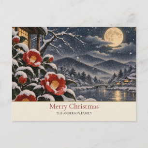 Japanese Snow Moon Red Camellia Family Name Holiday Postcard