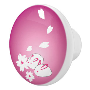 Japanese Snow Rabbits and Sakura Ceramic Knob