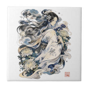 Japanese Snow Woman Art Winter Yokai In Kimono Ceramic Tile